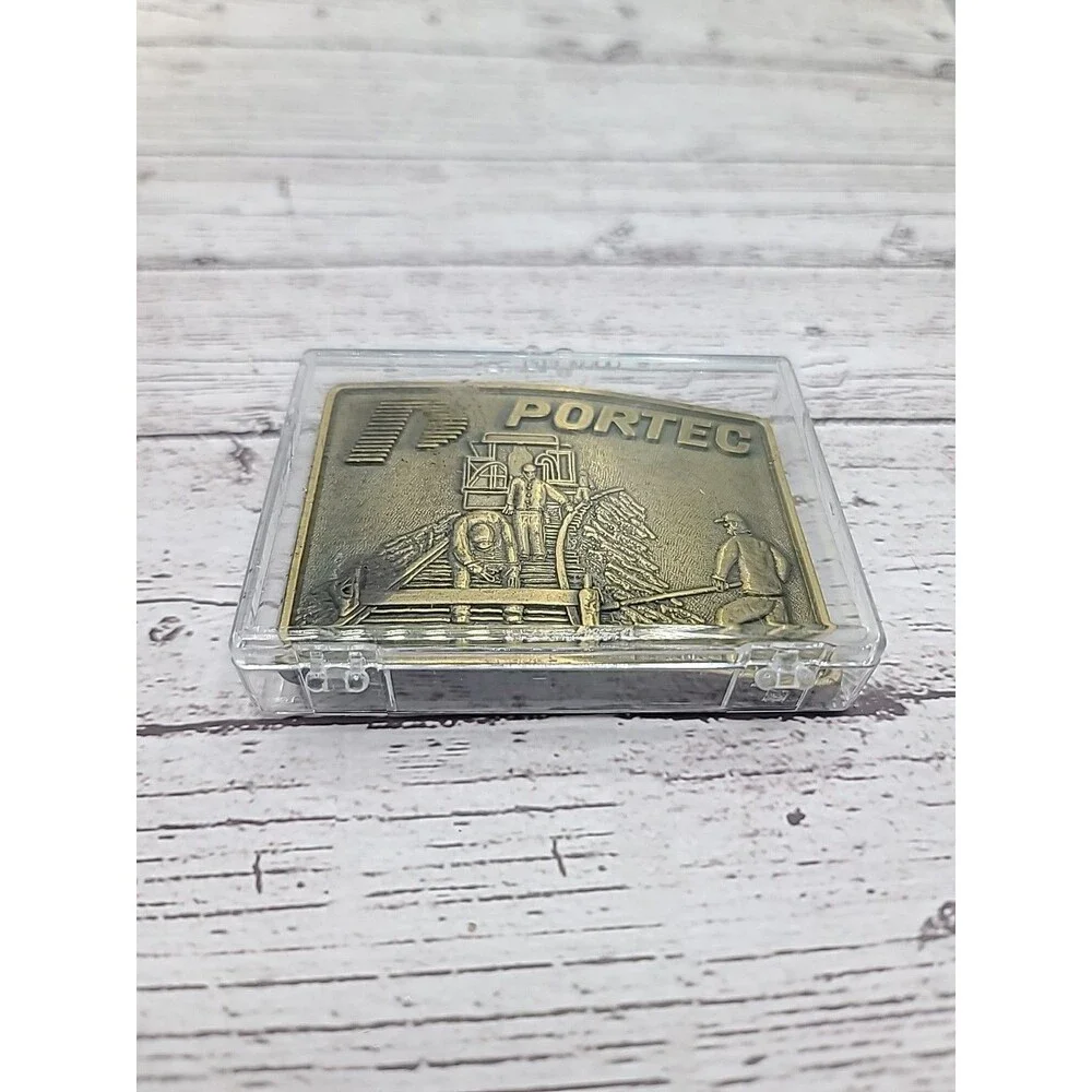 Vintage Portec Railroad Track Belt Buckle Construction Figural Gold Tone